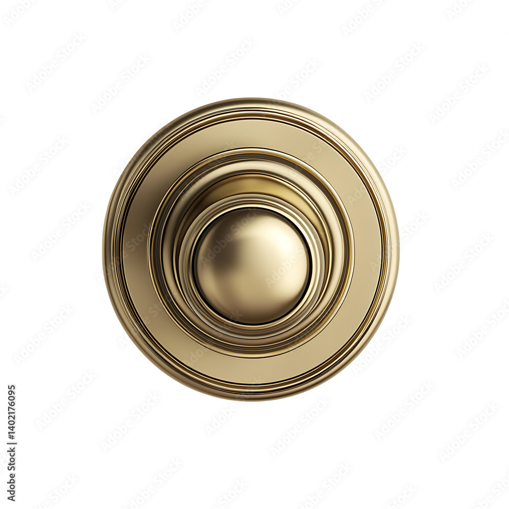 A polished brass round doorknob with a glossy reflective surface and classic design isolated on a transparent background viewed from the front