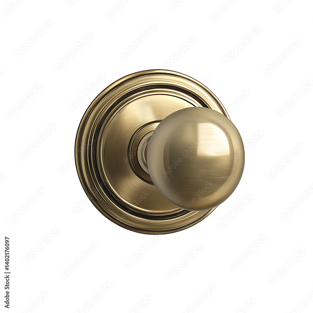 A polished brass round doorknob with a glossy reflective surface and classic design isolated on a transparent background viewed from the front