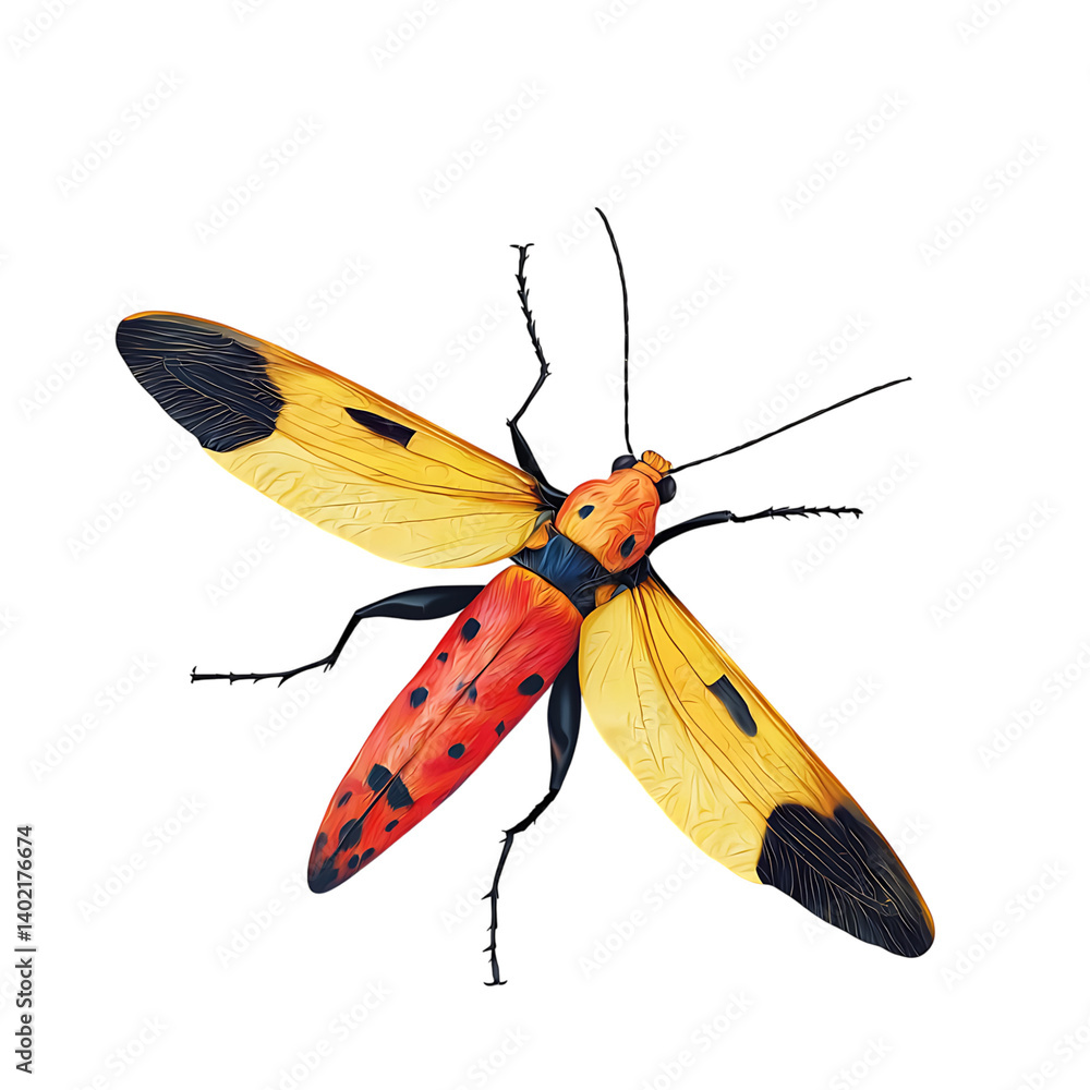 A vibrant orange firefly with segmented black body and spread wings featuring gradient color and texture isolated on a transparent background for entomology visuals