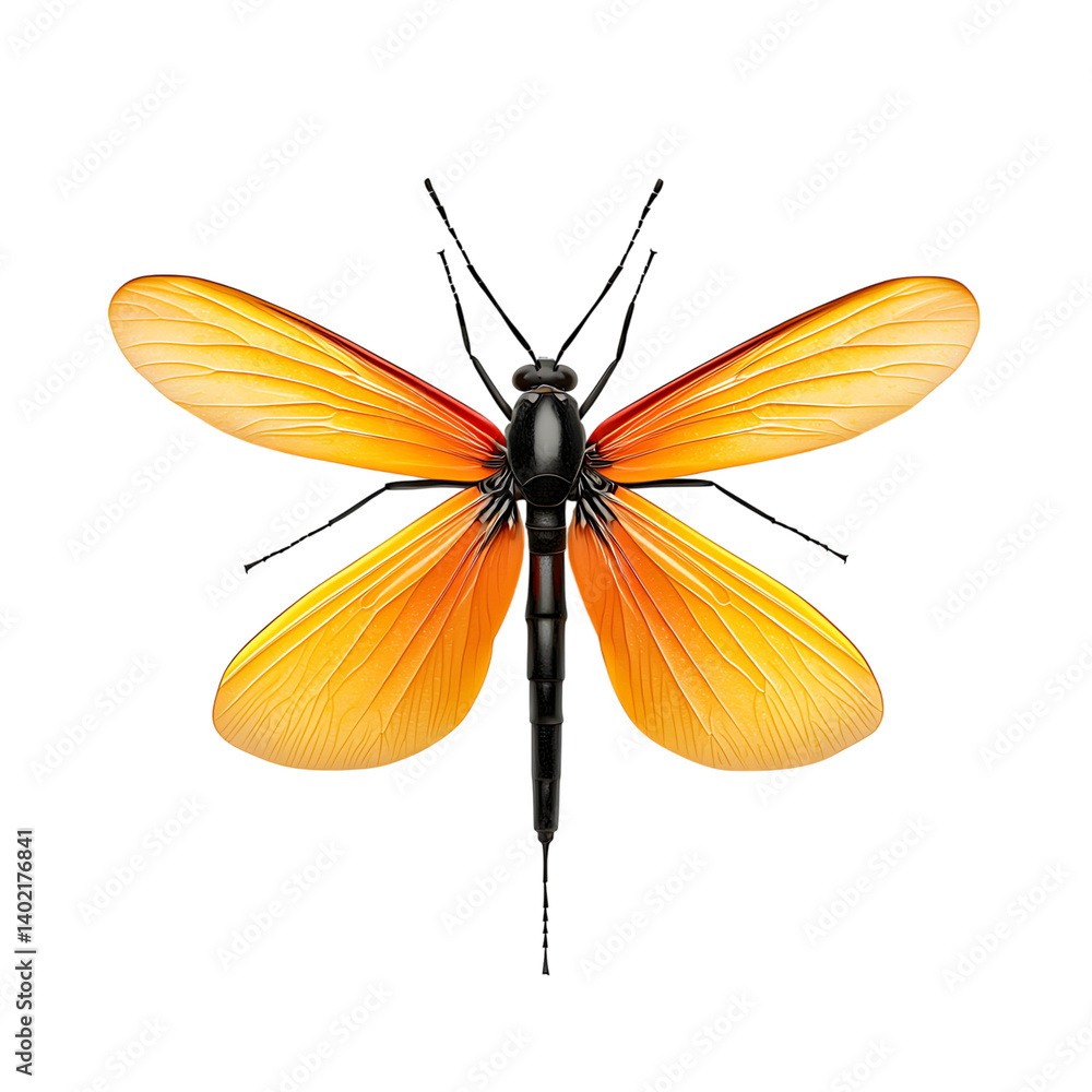A vibrant orange firefly with segmented black body and spread wings featuring gradient color and texture isolated on a transparent background for entomology visuals