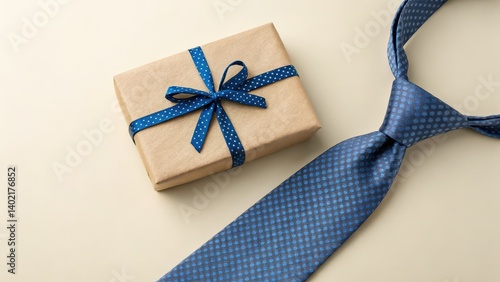 Wallpaper Mural Father's day, Gift-wrapped box and a patterned tie on a neutral background. Torontodigital.ca