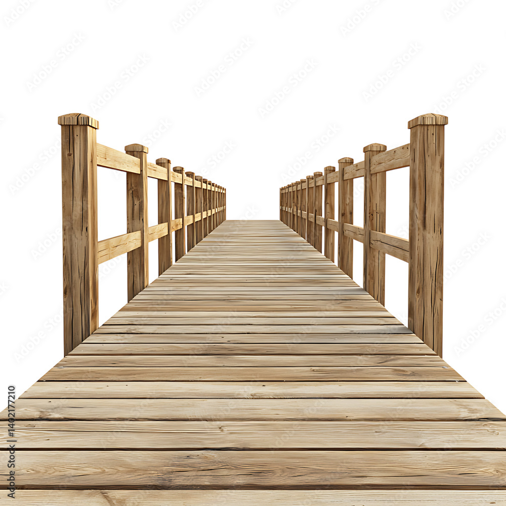 A long wooden boardwalk bridge with evenly spaced vertical railings on each side stretching into distance in perspective view isolated on transaprent background