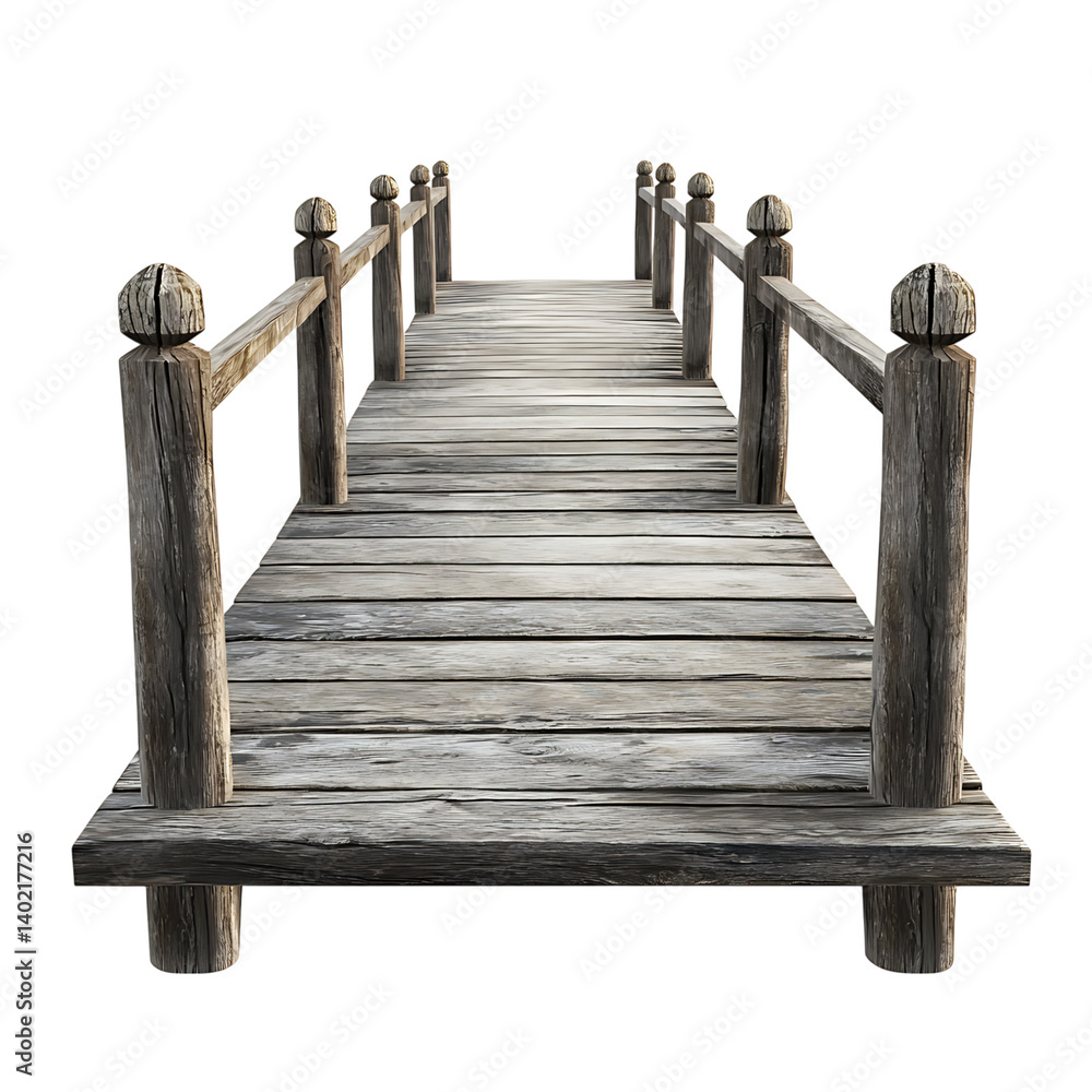 A long wooden boardwalk bridge with evenly spaced vertical railings on each side stretching into distance in perspective view isolated on transaprent background