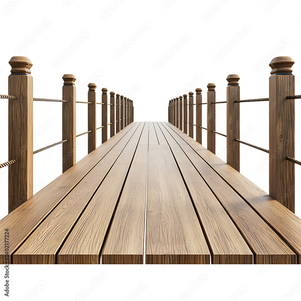 A long wooden boardwalk bridge with evenly spaced vertical railings on each side stretching into distance in perspective view isolated on transaprent background
