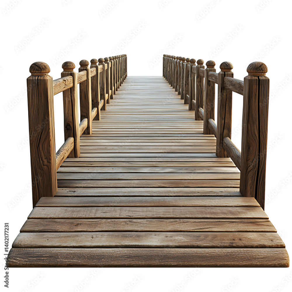A long wooden boardwalk bridge with evenly spaced vertical railings on each side stretching into distance in perspective view isolated on transaprent background
