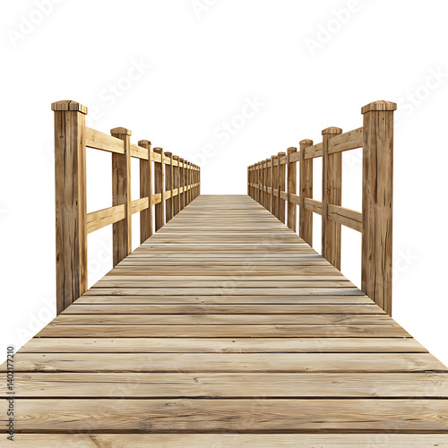 Obraz na płótnie A long wooden boardwalk bridge with evenly spaced vertical railings on each side stretching into distance in perspective view isolated on transaprent background w salonie