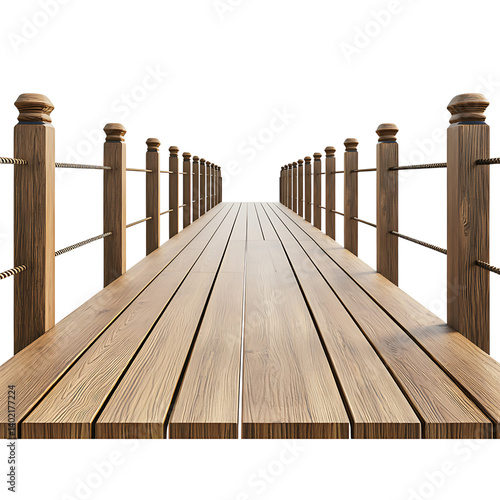 Obraz na płótnie A long wooden boardwalk bridge with evenly spaced vertical railings on each side stretching into distance in perspective view isolated on transaprent background w salonie