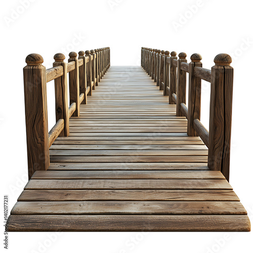 Obraz na płótnie A long wooden boardwalk bridge with evenly spaced vertical railings on each side stretching into distance in perspective view isolated on transaprent background w salonie