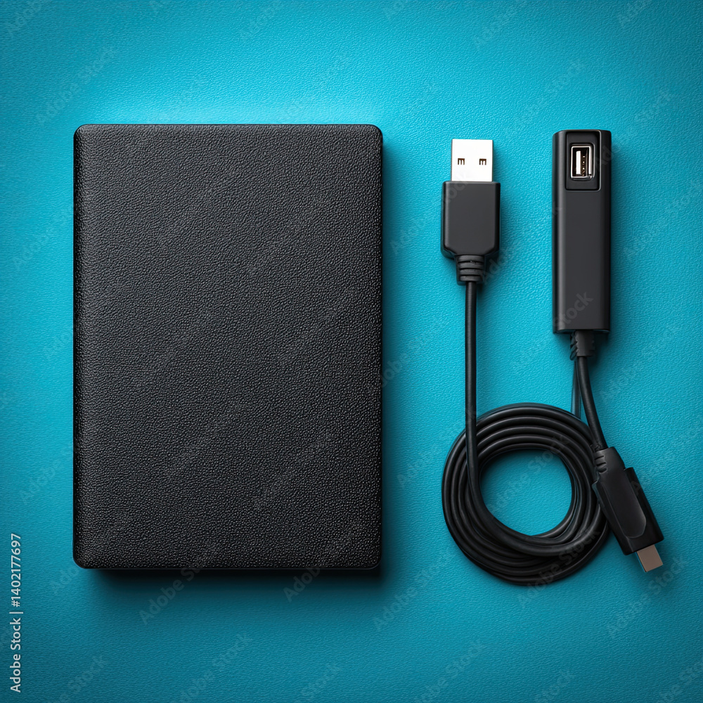 Obraz premium External hard drive and USB cable on textured surface, tech accessory concept 