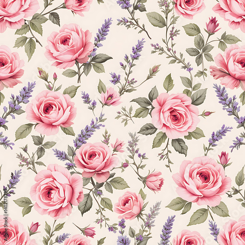 Wallpaper Mural Seamless Vintage Floral Pattern with Pink Roses and Lavender Torontodigital.ca