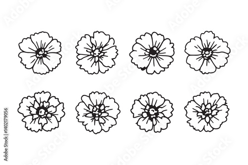 Set of 6 pec in two row  Carnation black line art on white background