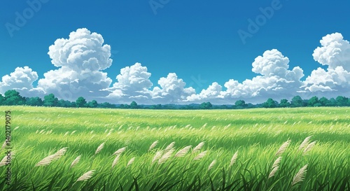 Anime-Style Open Meadow Under Blue Sky