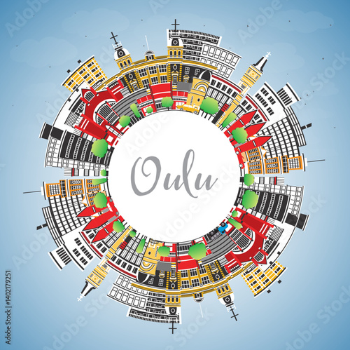 Oulu Finland city skyline with color buildings, blue sky and copy space. Oulu cityscape with landmarks. Business travel and tourism concept with modern and historic architecture.