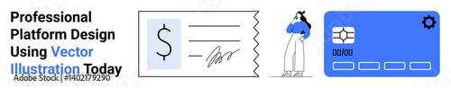 Dollar bill receipt, signed check, payment card, and person thinking in blue white composition. Ideal for fintech apps, banking services, business strategies, digital payment, e-commerce invoices