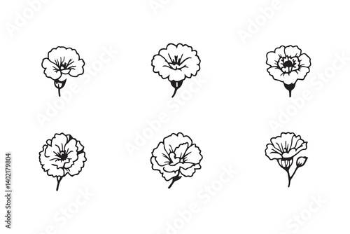 Set of 6 pec in two row  Carnation black line art on white background