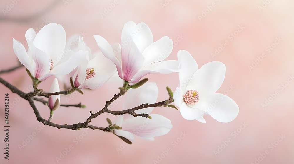 Fototapeta premium Delicate White Magnolia Blossoms on a Branch Against a Soft Pink Background