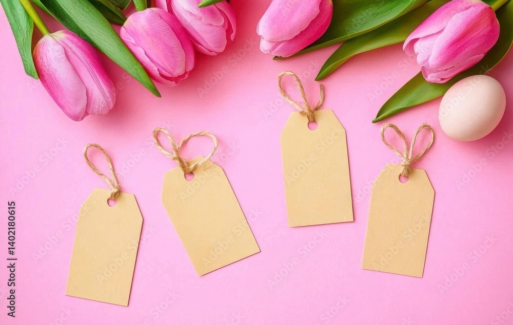 Pink tulips and decorated eggs on a soft pink background for Easter celebration. Pink tulips and decorated eggs on a soft pink background for Easter celebration.