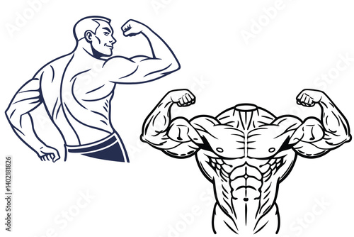 Bodybuilder vector art, muscular male flexing pose fitness illustration on a white background