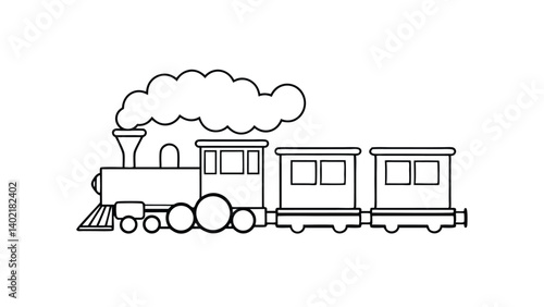 Outlined Train Illustration With Three Cars And Puffs Of Smoke On White Background Ready To Color