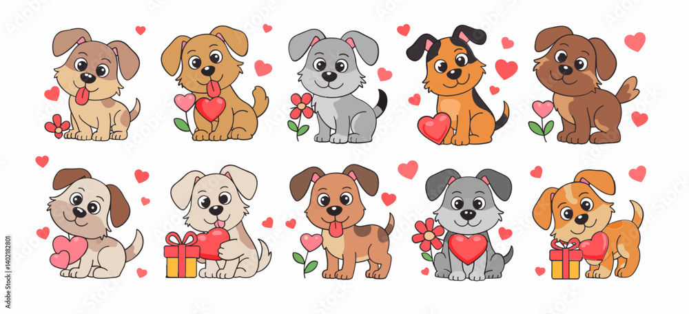 Obraz premium Collection of Cute cartoon dogs in with little heart, flower, gift, white isolate background, vector illustration 