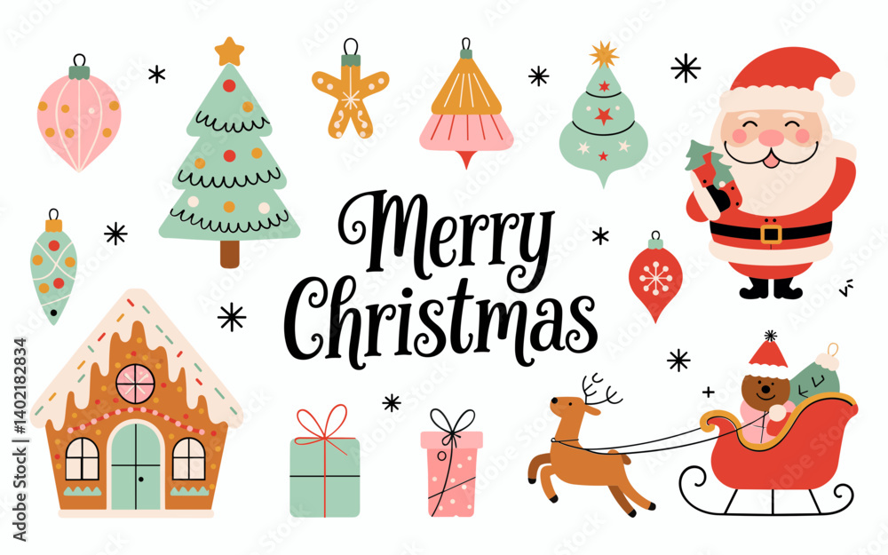 Fototapeta premium A charming Christmas greeting card featuring a set of whimsical, hand-drawn Christmas items on a pristine white background, vector illustration