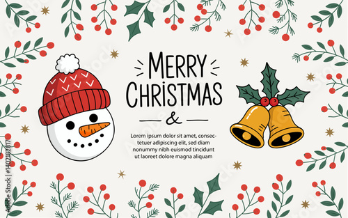 A charming Christmas greeting card featuring a set of whimsical, hand-drawn Christmas items on a pristine white background, vector illustration 