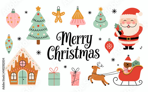 A charming Christmas greeting card featuring a set of whimsical, hand-drawn Christmas items on a pristine white background, vector illustration 