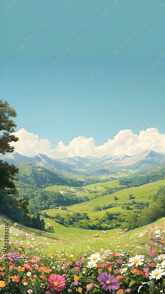 Fototapeta premium Serene mountain valley landscape with wildflowers and grazing cows under a bright blue sky. Ideal for nature, travel, and idyllic scene projects.