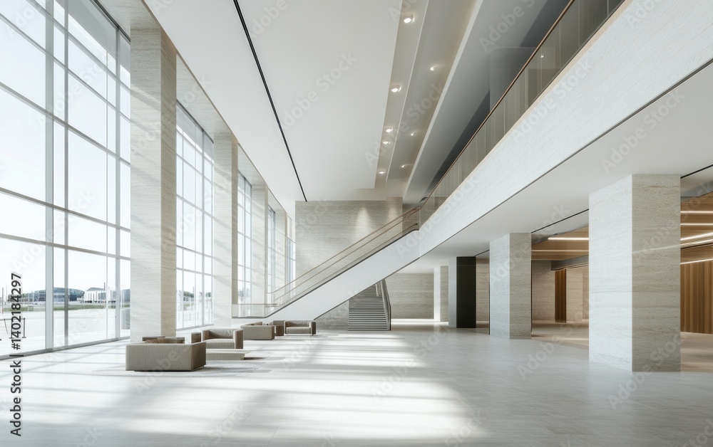 Fototapeta premium Sunlit Modern Lobby with Floating Staircase