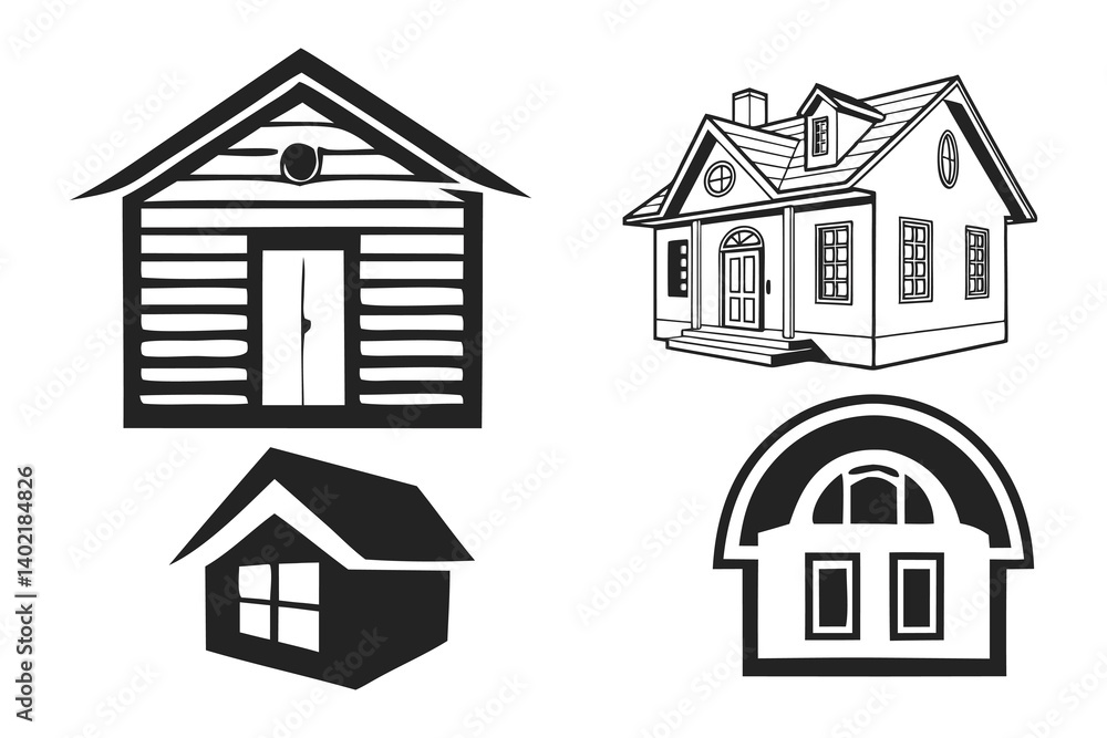 Architectural house sketches, black & white building illustration set on a white background Architectural house sketches, black & white building illustration set on a white background