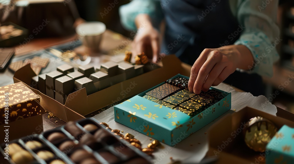A team of designers creating packaging for a new line of artisanal chocolates A team of designers creating packaging for a new line of artisanal chocolates