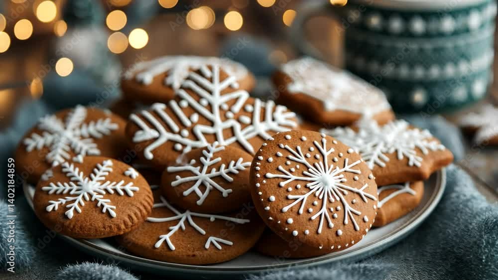 Festive cookies with decorative icing on plate for winter holiday celebrations, close-up of delicious homemade gingerbread treats