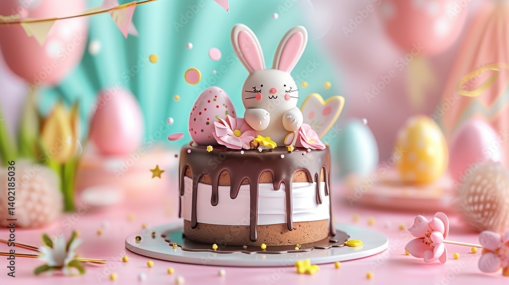 Charming Easter cake features a fondant bunny, chocolate ganache, and pastel decorations.