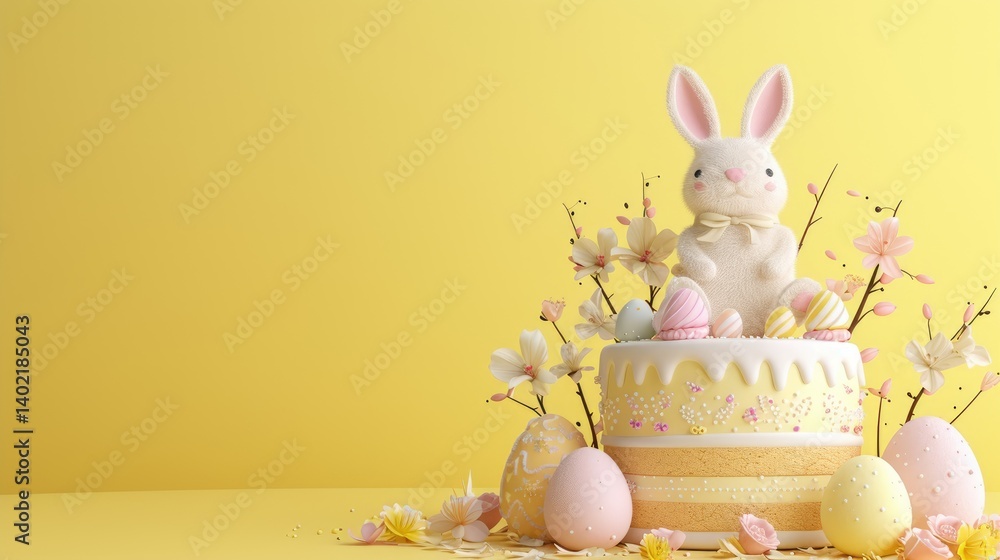 Yellow Easter cake decorated with a fluffy bunny, pastel eggs, and delicate flowers sits against a yellow background.