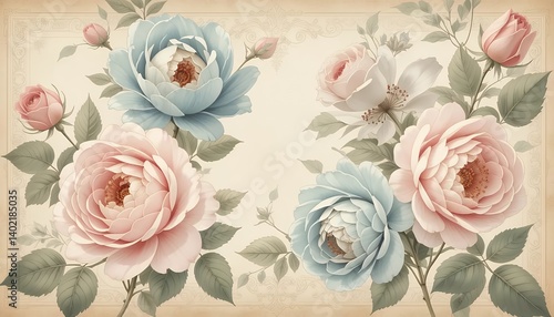 Delicate Pastel Roses Hand-Painted Floral Design, Antique Inspired
