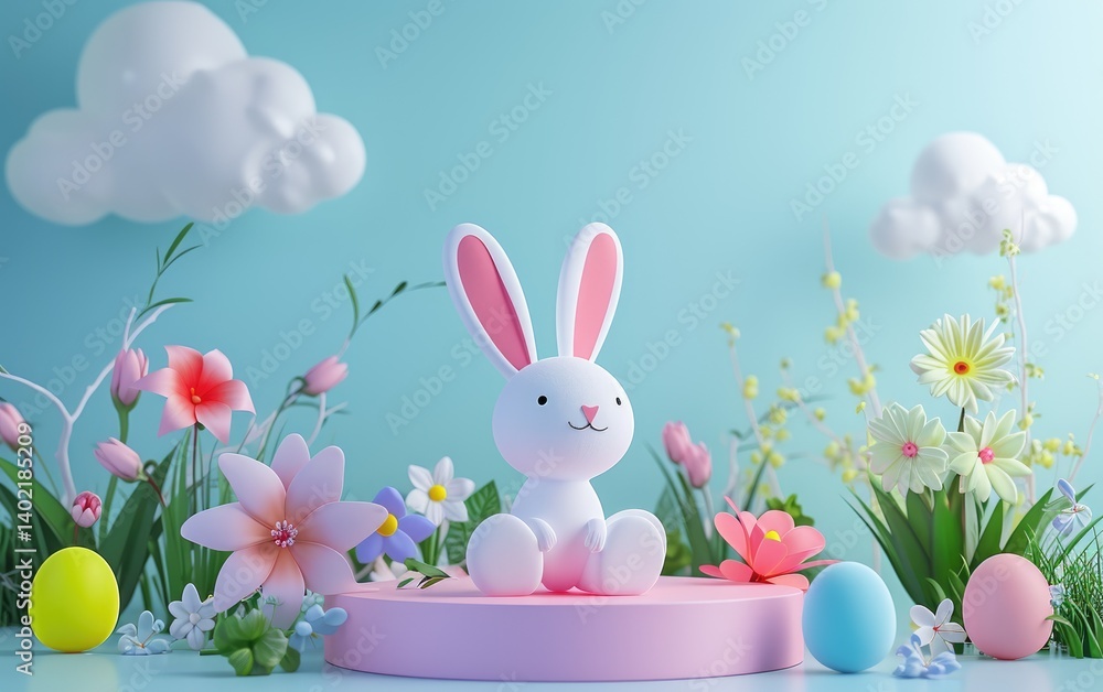 Easter Bunny Sitting Amidst Spring Flowers and Eggs Against a Light Blue Background.