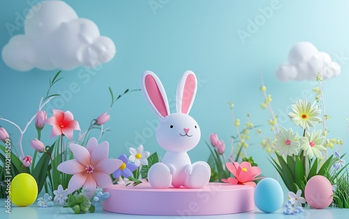 Obraz na płótnie Easter Bunny Sitting Amidst Spring Flowers and Eggs Against a Light Blue Background. w salonie
