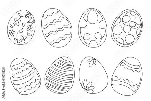 Set of single line continuous art drawing of easter egg in minimal doodle design