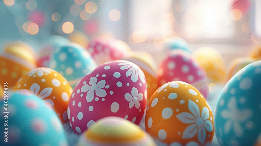 Close up view of many colorful decorated Easter eggs with floral and polka dot designs.