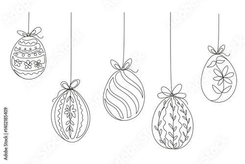 Easter eggs with ornaments hanging on threads. Hand-drawn doodle outline composition for banners, greeting cards, social networks template. Stock vector illustration isolated on white background.