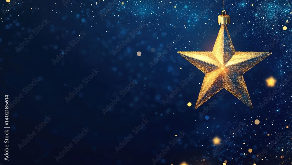 A golden star ornament hangs against a blue background with sparkling lights A golden star ornament hangs against a blue background with sparkling lights