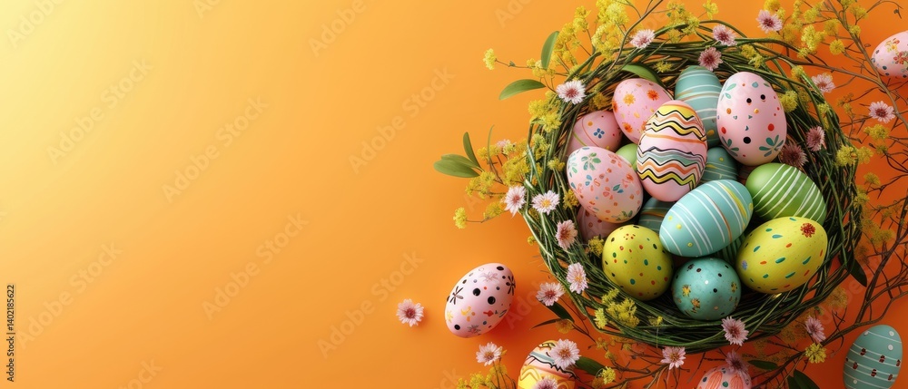 Hand-painted Easter eggs surrounded by spring flowers on an orange background.