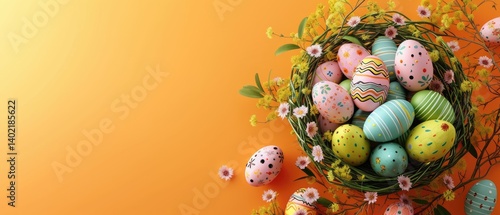 Obraz na płótnie Hand-painted Easter eggs surrounded by spring flowers on an orange background. w salonie