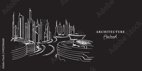 Neo futurism architecture design freehand drawing, Sketch Hand drawn Drawing design.
