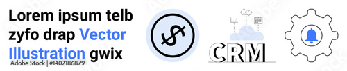 Dollar sign in circular frame for finance, CRM cloud setup, notification bell in gear. Ideal for finance, management, software, business, marketing, web design operations simple landing page