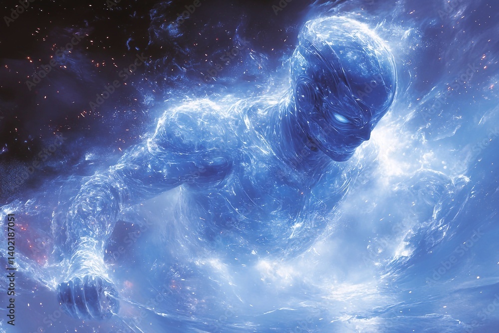 Fototapeta premium A man in a superhero costume stands in the rain, his hands covered in blue lightning bolts radiating in different directions.