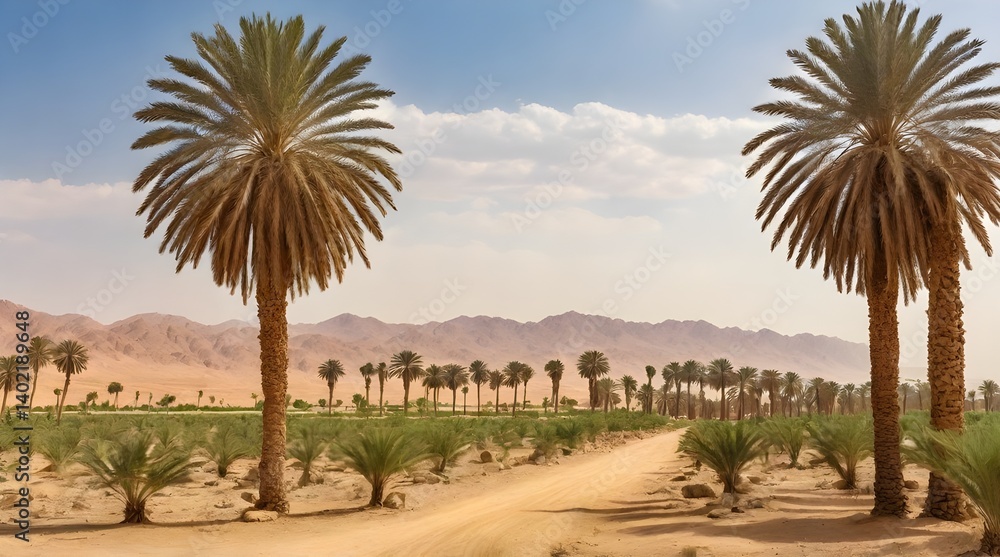 Scenic view of the arid Middle Eastern landscape featuring agricultural date palm.generative.ai