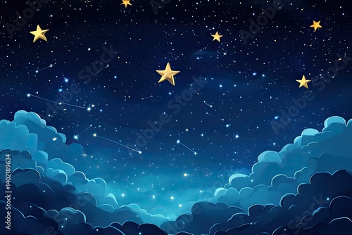 A starry night sky with fluffy clouds and twinkling stars