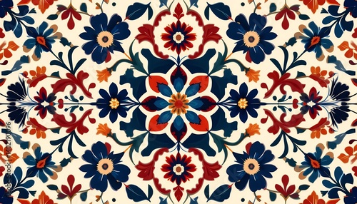 Symmetrical Scandinavian Folk Floral Pattern Red, Blue, and Yellow Hues