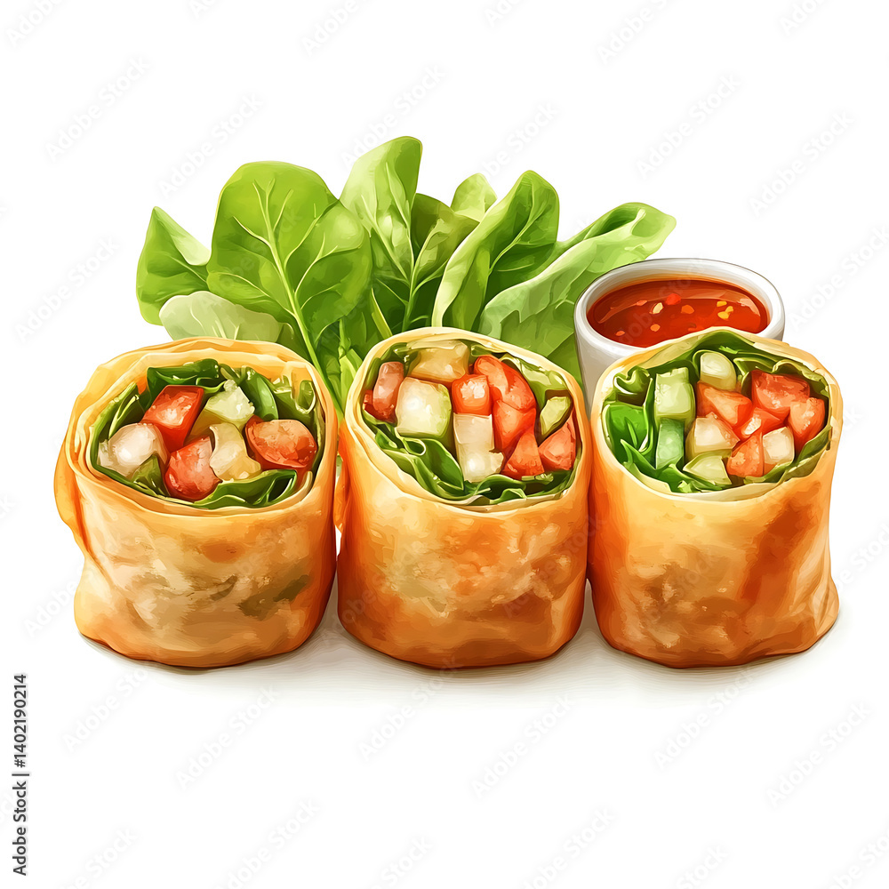 Golden and crispy vegetable spring rolls with a crunchy skin and savory vegetable filling, isolated white background, hyperrealism art style Golden and crispy vegetable spring rolls with a crunchy skin and savory vegetable filling, isolated white background, hyperrealism art style